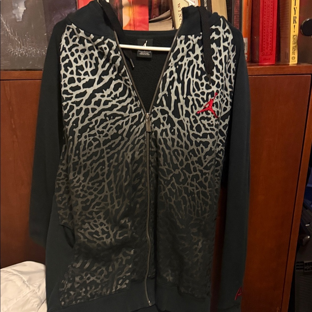 Jordan Nome Elephant Print Gray Zip-Up Hoodie with Red Logo
